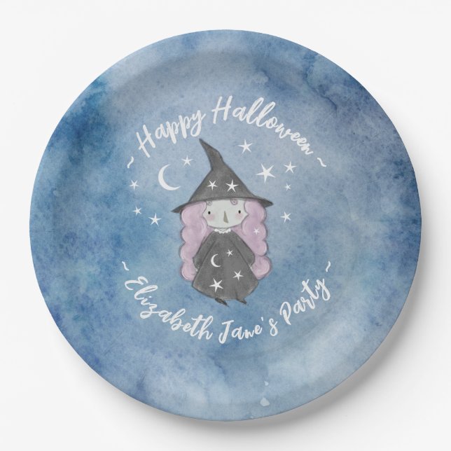 Cute Little Witch Children's Halloween Party Paper Plates (Front)