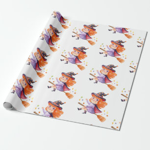 Cute little witch flying on a broomstick wrapping paper
