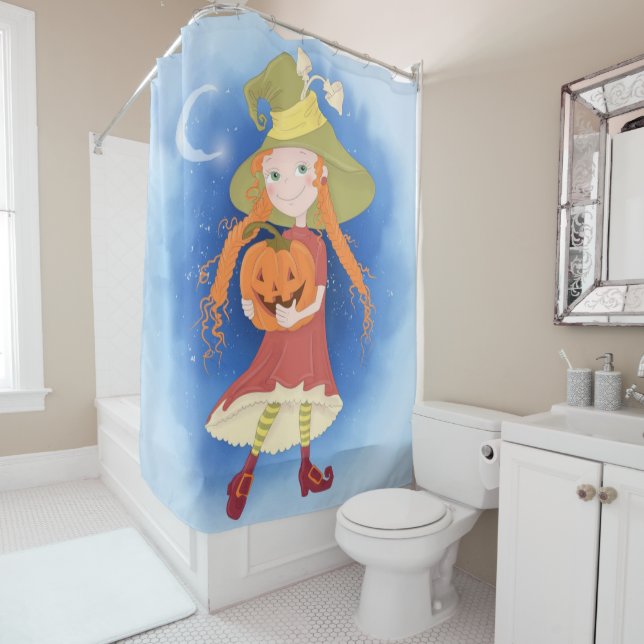 Cute Little Witch Girl and Pumpkin Shower Curtain (In Situ)