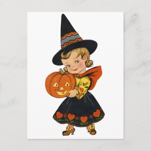 Cute little witch girl with a pumpkin vintage postcard