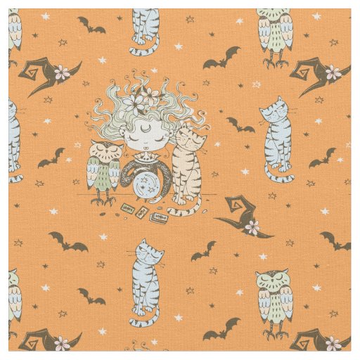 Cute Little Witch Girls With Bats Cats and Owls Fabric