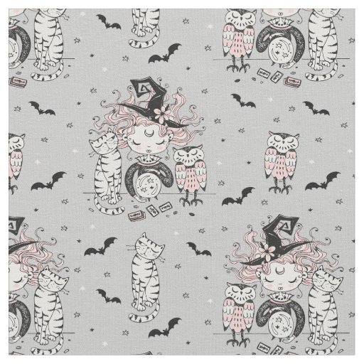 Cute Little Witch Girls With Bats Cats and Owls Fabric