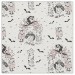 Cute Little Witch Girls With Bats Cats and Owls Fabric