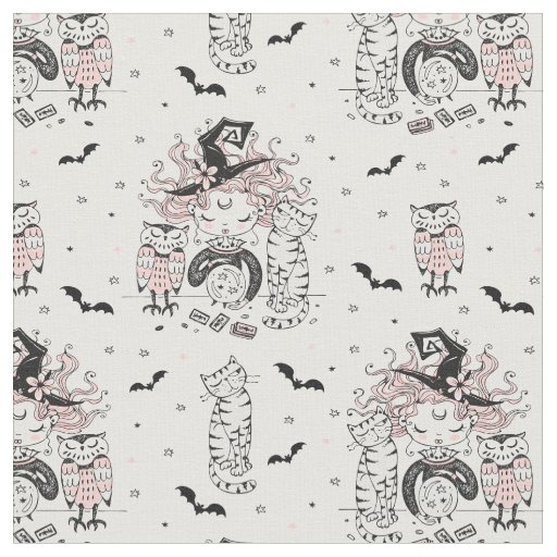 Cute Little Witch Girls With Bats Cats and Owls Fabric