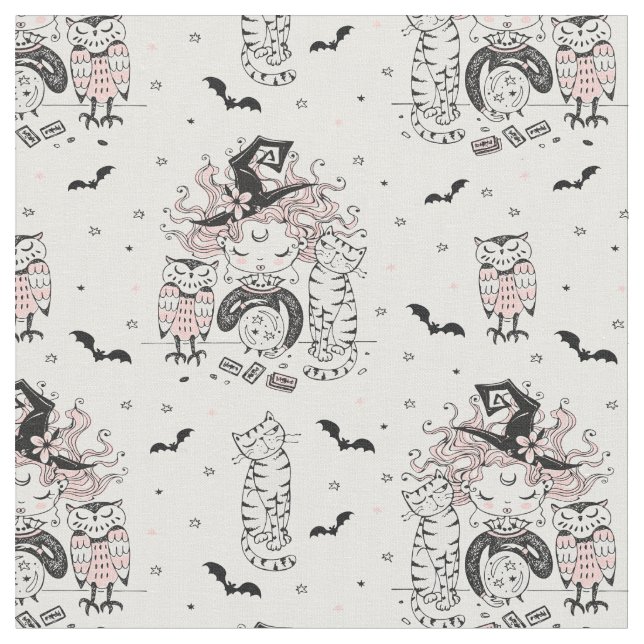 Cute Little Witch Girls With Bats Cats and Owls Fabric (Close Up)