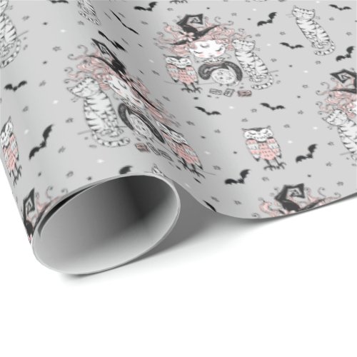 Cute Little Witch Girls With Bats Cats and Owls Wrapping Paper