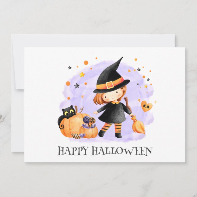 Cute Little Witch Halloween Card (Front)