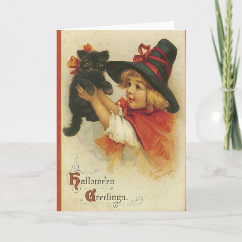 Cute Little Witch Halloween cards Black Cat Card