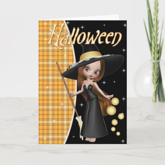 Cute Little Witch Halloween Greeting Card (Front)