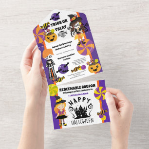Cute little witch kids halloween coupon party all in one invitation
