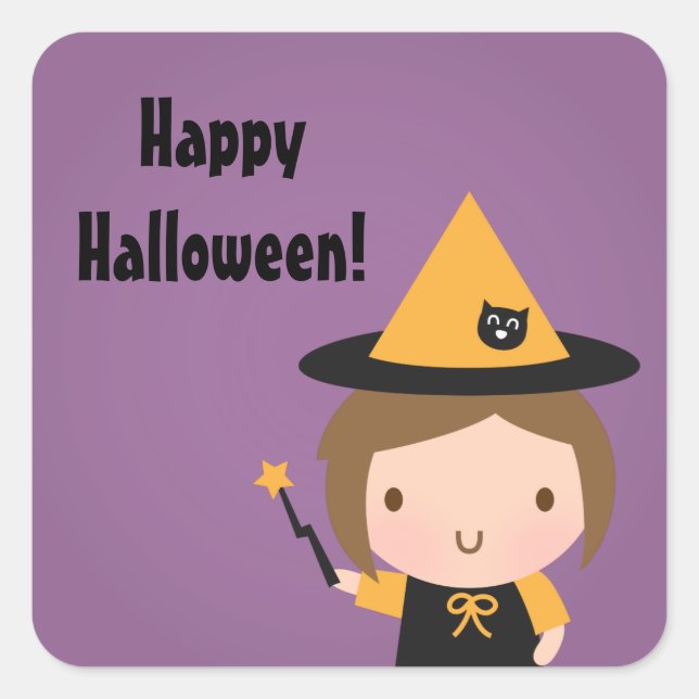 Cute Little Witch Kids Halloween Party Favors Square Sticker (Front)