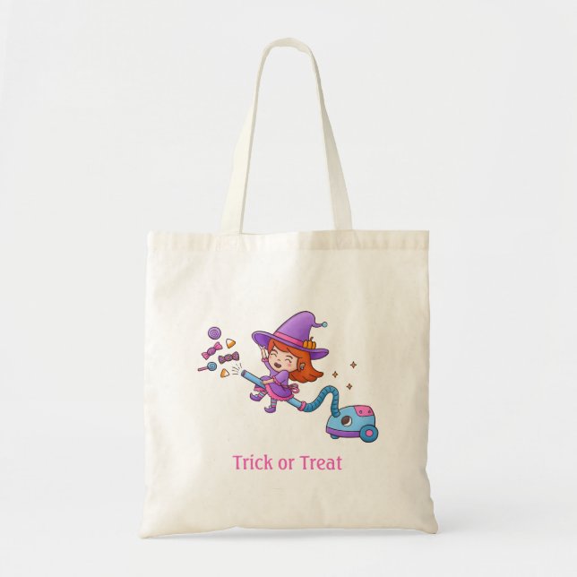 Cute Little Witch on Vacuum Cleaner Girls Tote Bag (Front)