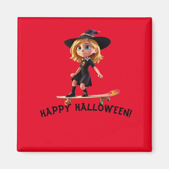 Cute little witch riding a skateboard magnet (Front)