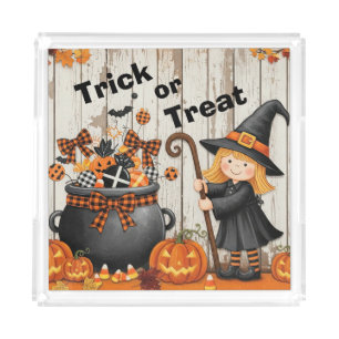 Cute Little Witch Trick or Treat. Halloween. Acrylic Tray