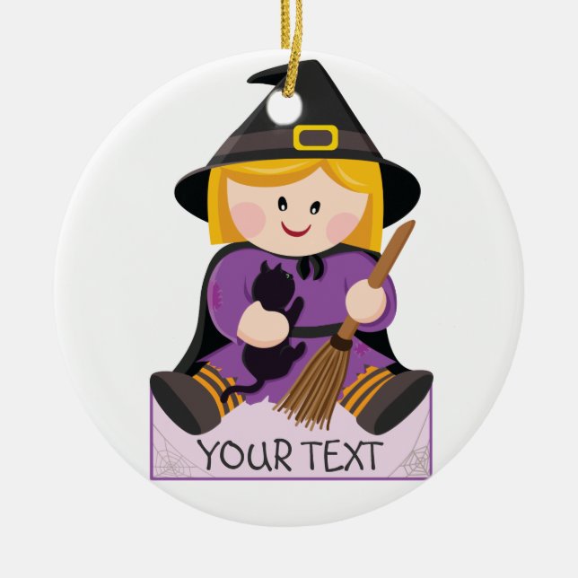 Cute little witch with blond hair ceramic ornament (Front)