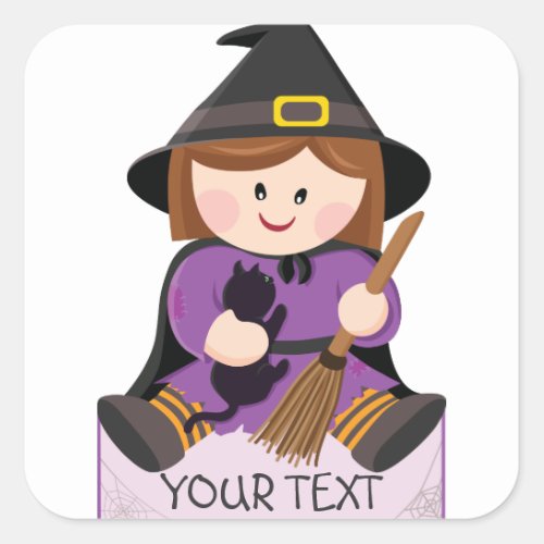 Cute little witch with broewn hair square sticker