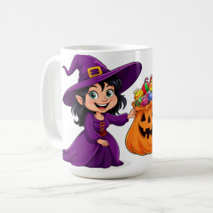 Cute Little Witch With Candy Pumpkin Trick Or Trea Coffee Mug