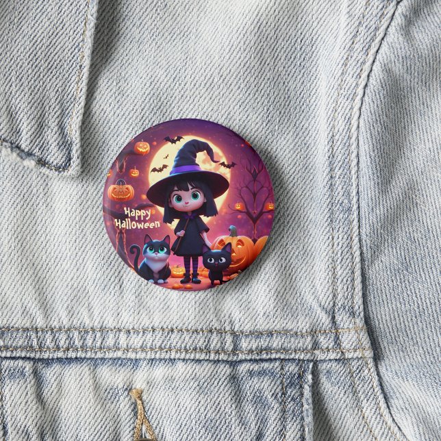 Cute little witch with cats and pumpkins, custom  button (Creator Uploaded)