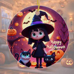 Cute little witch with cats and pumpkins, custom ceramic ornament