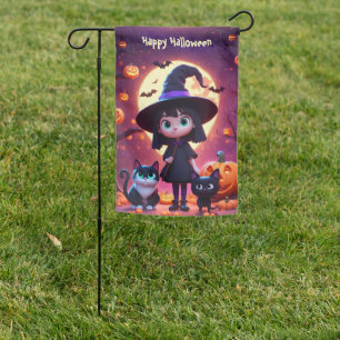 Cute little witch with cats and pumpkins, custom garden flag