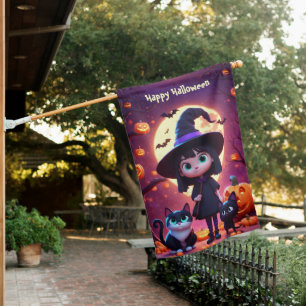 Cute little witch with cats and pumpkins, custom house flag
