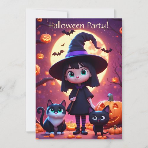 Cute little witch with cats and pumpkins custom  invitation