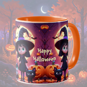 Cute little witch with cats and pumpkins, custom mug