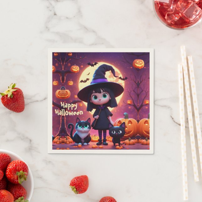 Cute little witch with cats and pumpkins, custom  napkins (Insitu)