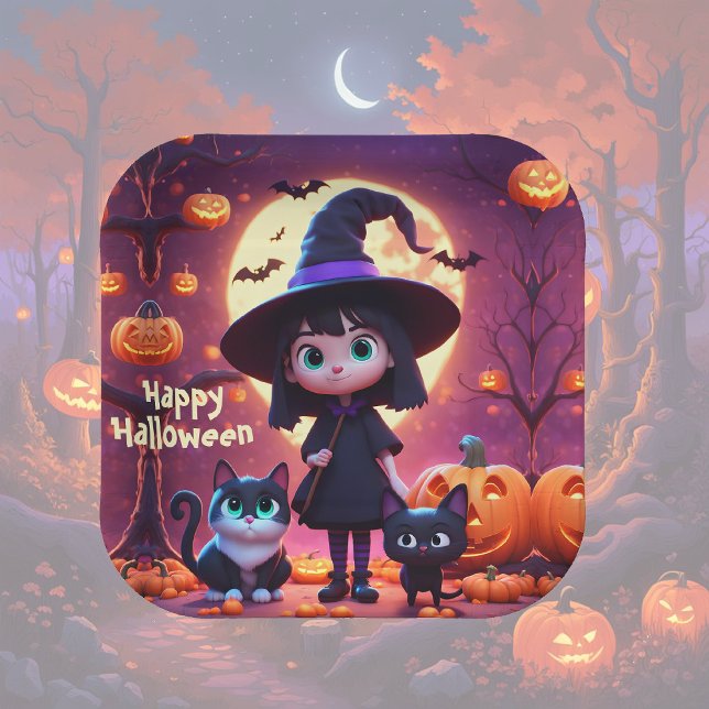 Cute little witch with cats and pumpkins, custom  paper plates (Creator Uploaded)