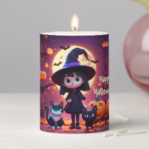 Cute little witch with cats and pumpkins, custom  pillar candle
