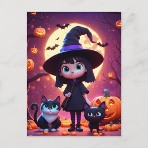 Cute little witch with cats and pumpkins, custom postcard