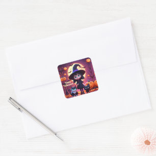 Cute little witch with cats and pumpkins, custom  square sticker