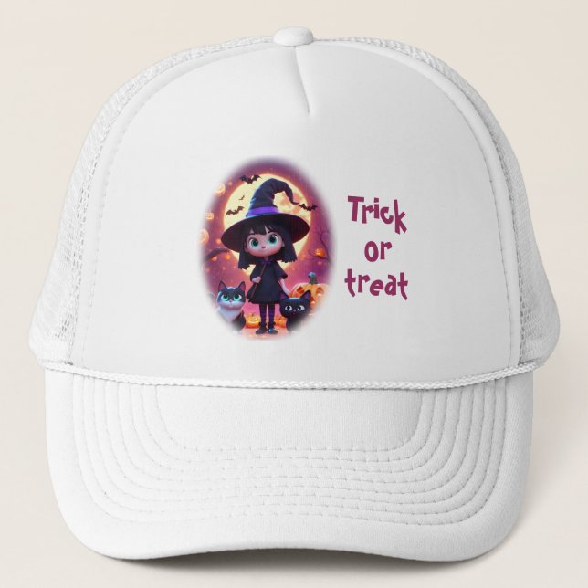 Cute little witch with cats and pumpkins, custom  trucker hat (Front)