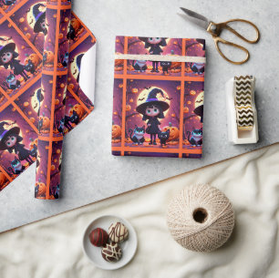 Cute little witch with cats and pumpkins,Halloween Wrapping Paper