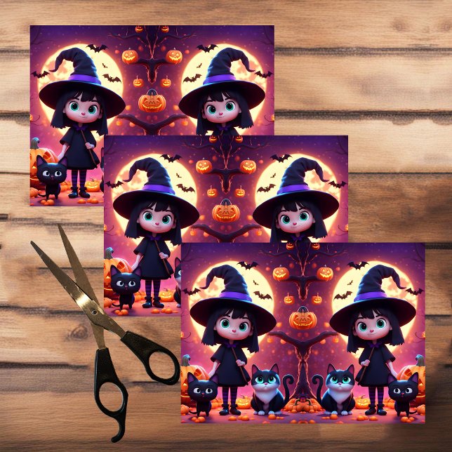 Cute little witch with cats and pumpkins, tissue paper (Creator Uploaded)
