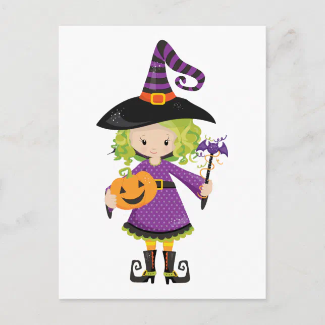 Cute Little Witch with Pumpkin Postcard | Zazzle