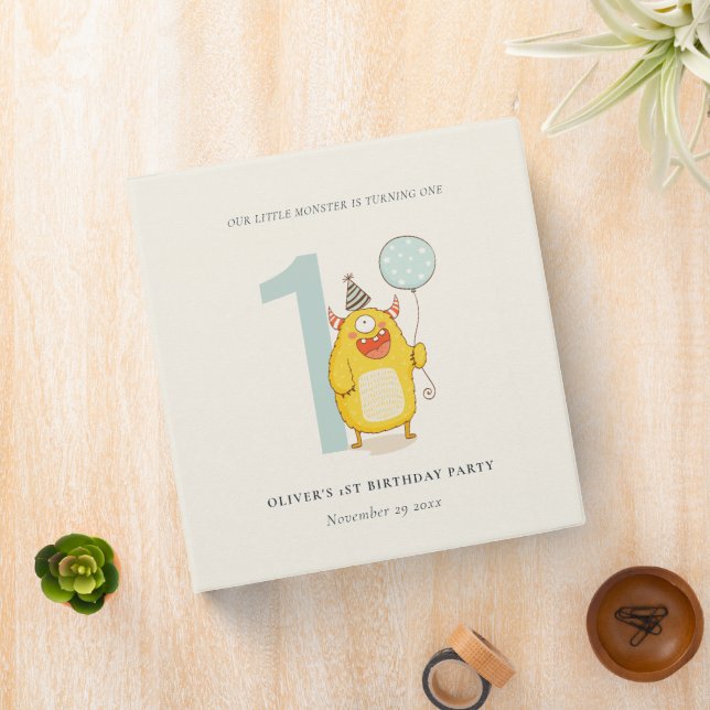 Cute Little Yellow Aqua Monster Any Age Birthday 3 Ring Binder (In Situ)