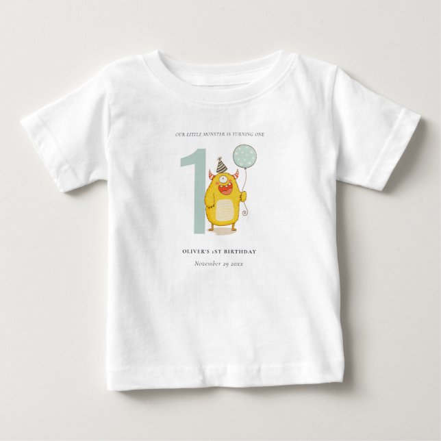 Cute Little Yellow Aqua Monster Any Age Birthday Baby T-Shirt (Front)