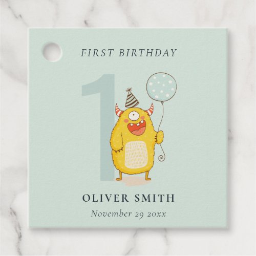Cute Little Yellow Aqua Monster Any Age Birthday Favor Tags