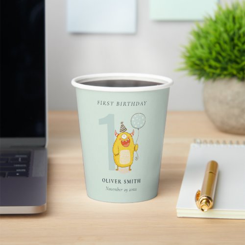 Cute Little Yellow Aqua Monster Any Age Birthday Paper Cups