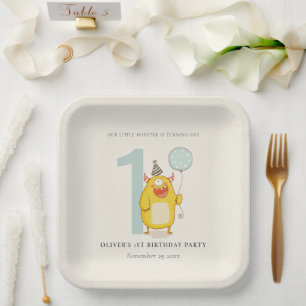 Cute Little Yellow Aqua Monster Any Age Birthday Paper Plates