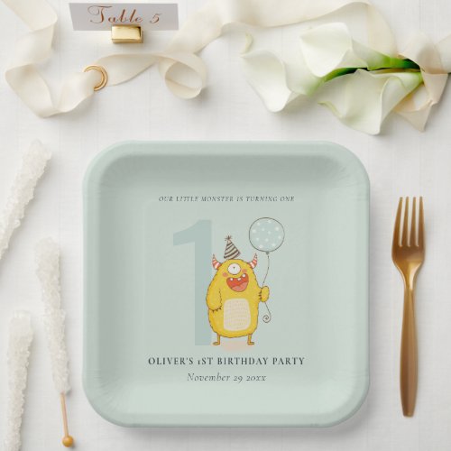 Cute Little Yellow Aqua Monster Any Age Birthday Paper Plates