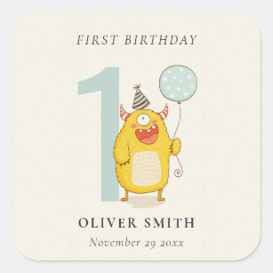 Cute Little Yellow Aqua Monster Any Age Birthday Square Sticker