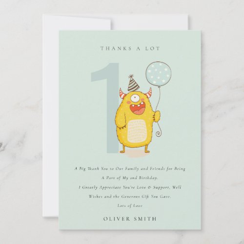 Cute Little Yellow Aqua Monster Any Age Birthday Thank You Card