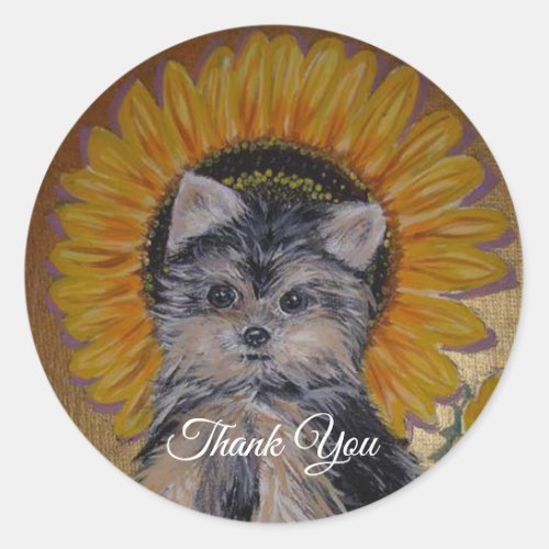 Cute Little Yorkie and Sunflower Thank You Classic Round Sticker