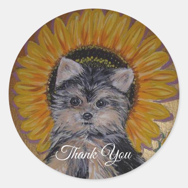 Cute Little Yorkie and Sunflower Thank You Classic Round Sticker (Front)