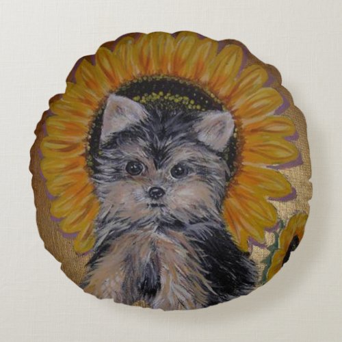 Cute Little Yorkie and Sunflowers Round Pillow