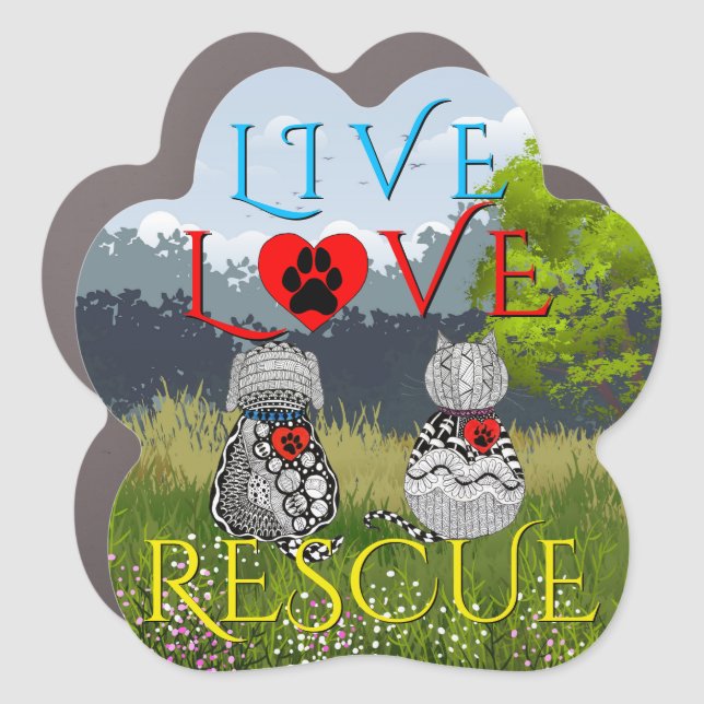 Cute Live Love Rescue Dog and Cat Car Magnet (Front)