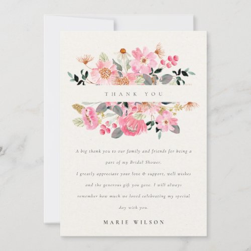 Cute Lively Pink Watercolor Floral Bridal Shower Thank You Card