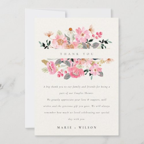 Cute Lively Pink Watercolor Floral Couples Shower Thank You Card